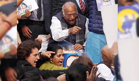 LoP in the Rajya Sabha and Congress President Mallikarjun Kharge with party MPs Priyanka Gandhi Vadra, K C Venugopal and other INDIA bloc members during a protest in Parliament premises demanding the resignation of Home Minister Amit Shah for his remarks related to B R Ambedkar, in New Delhi on Thursday.