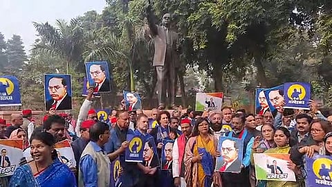 INDIA bloc leaders during their proetst in Parliament