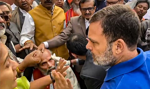 LoP in the Rajya Sabha and Congress President Mallikarjun Kharge with party MP Priyanka Gandhi Vadra and DMK MP Kanimozhi Karunanidhi during a protest by the INDIA bloc members in Parliament premises 