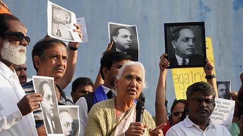 Members of various fields staged a protest against Union Home Minister Amit Shah's remarks against Babasaheb Ambedkar.