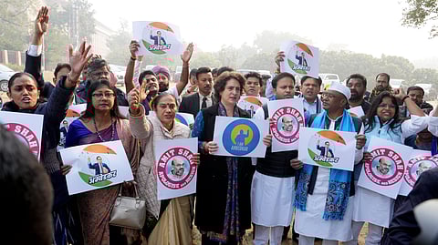 Congress MP Priyanka Gandhi Vadra with other INDIA bloc MPs during a protest against Home Minister Amit Shah over his remarks related to B R Ambedkar, at Vijay Chowk, in New Delhi.