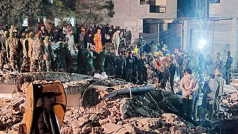 Rescue work underway after a multi-storey building collapsed at Sohana village, in Mohali district, Punjab on Saturday.