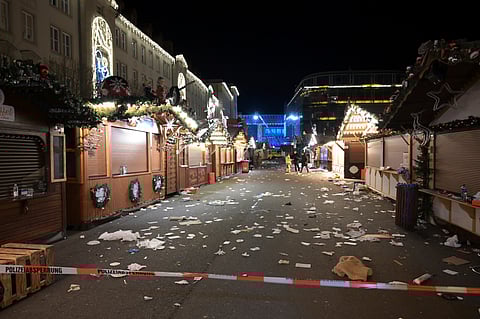 A view of the cordoned-off Christmas market after an incident in Magdeburg, Germany, Friday Dec. 20, 2024. 