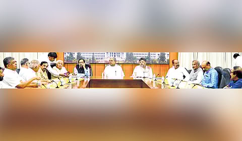 CM Siddaramaiah, DyCM DK Shivakumar and ministers at a meeting at the CM’s home office Krishna in Bengaluru on Saturday