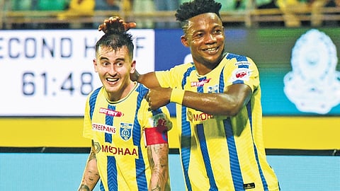 Blasters players Adrian Luna and Kwame Peprah celebrating a goal against Mohammedan SC during the ISL match at Jawaharlal Nehru International Stadium on Sunday 