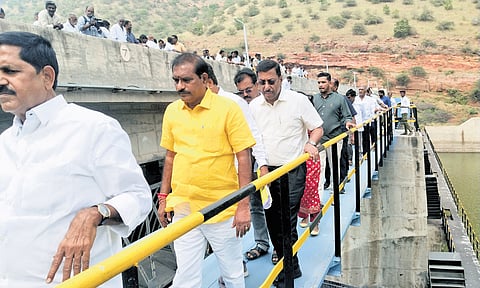 Irrigation Minister N Rama Naidu inspects the Gandikota project on Sunday