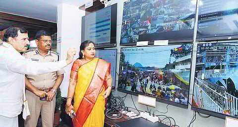 Home Minister Vangalapudi Anitha inspecting the Command Control Centre at Durga temple in Vijayawada on Sunday