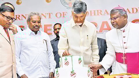 CM Chandrababu Naidu cutting a cake during Semi Christmas celebrations