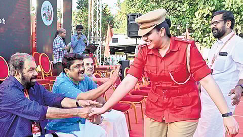Thiruvananthapuram Mayor Arya Rajendran with Minister Shivan kutty and CPM leader A.A Rahim