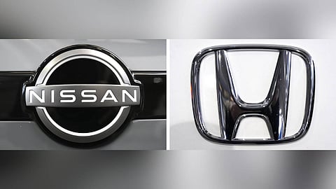 This combination of photos shows the logo of Nissan, left, and Honda, right, seen at the Pittsburgh International Auto Show in Pittsburgh.