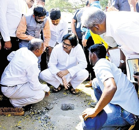 Deputy Chief Minister (Panchayat Raj and Rural Development) K Pawan Kalyan inspecting the quality of roads laid at Godavarru village in Krishna district 