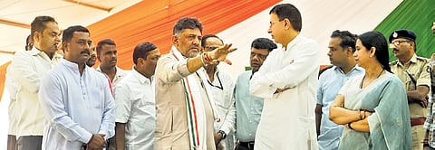 DyCM DK Shivakumar and AICC general secretary Randeep Singh Surjewala oversee preparations for the ‘Gandhi Bharat’ event to mark the centenary celebration of the 1924 Congress Plenary Session to be held on December 26 and 27 in Belagavi
