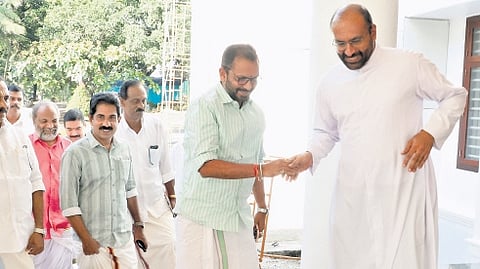 Bishop Remigiose Inchananiyil receiving the BJP delegation led by state president K Surendran at the Bishop’s House in Thamarassery on Monday