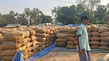 Paddy bags lying in the open.