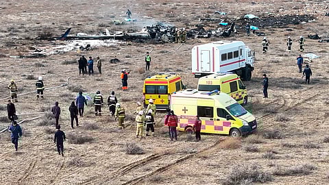 The wreckage of Azerbaijan Airlines Embraer 190 lays on the ground near the airport of Aktau, Kazakhstan, Wednesday, Dec. 25, 2024. 