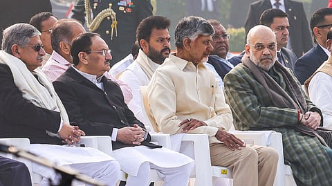 Union Ministers Amit Shah, JP Nadda, Rajiv Ranjan Singh and Andhra Pradesh Chief Minister N Chandrababu Naidu during the tribute ceremony of former Prime Minister Atal Bihari Vajpayee on his 100th birth anniversary in New Delhi on Wednesday.