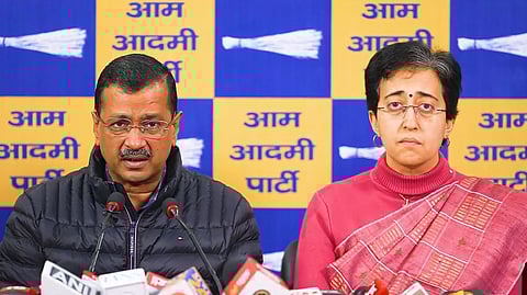 AAP National Convenor Arvind Kejriwal (L) and Delhi Chief Minister Atishi address a press conference at the party headquarters in New Delhi on Wednesday, Dec. 25, 2024.