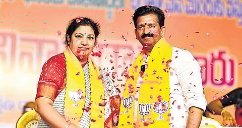 State BJP chief D Purandeswari welcomes Vishwa Hindu Dharma Parirakshana Rama Sena founder Kambala Srinivasa Rao into the party fold at Gokavaram