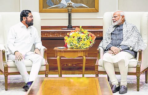 Prime Minister Narendra Modi with Maharashtra Deputy Chief Minister Eknath Shinde during a meeting in New Delhi on Thursday.