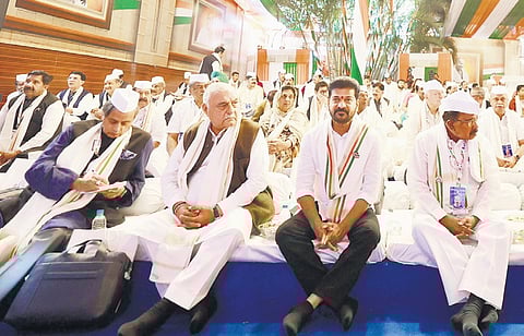 Chief Minister A Revanth Reddy attends the extended Congress Working Committee (CWC) meeting — ‘Nav Satyagraha Baithak’ marking the 100 years of Mahatma Gandhi assuming the presidency of the party, at Belagavi on Thursday