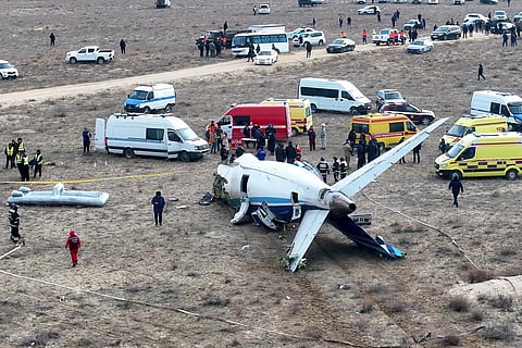 The wreckage of Azerbaijan Airlines Embraer 190 lays on the ground near the airport of Aktau, Kazakhstan, Wednesday, Dec 25, 2024.