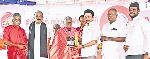 CM MK Stalin honouring veteran CPI leader R Nallakannu on the occasion of his 100th birthday celebrations at CPI headquarters in Chennai on Thursday 