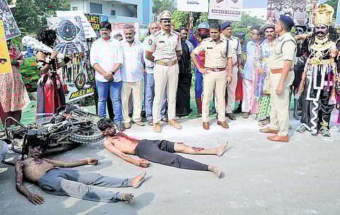 Guntur police stage a skit to raise awareness on road safety 
