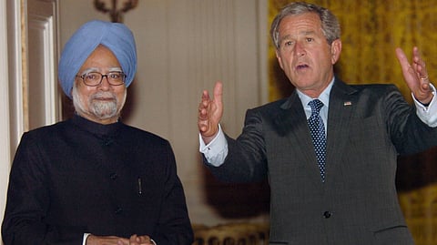 Prime Minister Manmohan Singh with US President George W. Bush at the White House in Washington, Sept. 26, 2008.