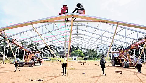 Workers prepping up the main venue of the 63rd State School Arts Festival at Central Stadium in Thiruvananthapuram 