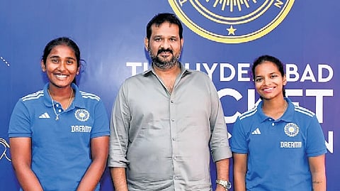 HCA president Arshanapalli Jagan Mohan Rao with  cricketers G Trisha and K Drithi in Hyderabad on Saturday