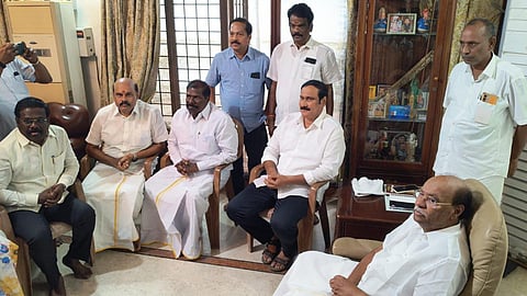 Pattali Makkal Katchi (PMK) president Dr R Anbumani met party founder and his father, Dr S Ramadoss, at their residence in Thailapuram near Tindivanam on Sunday.