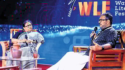 Local Self-Government Minister M B Rajesh and writer K R Meera at a session on the concluding day of the Wayanad Literature Festival on Sunday.