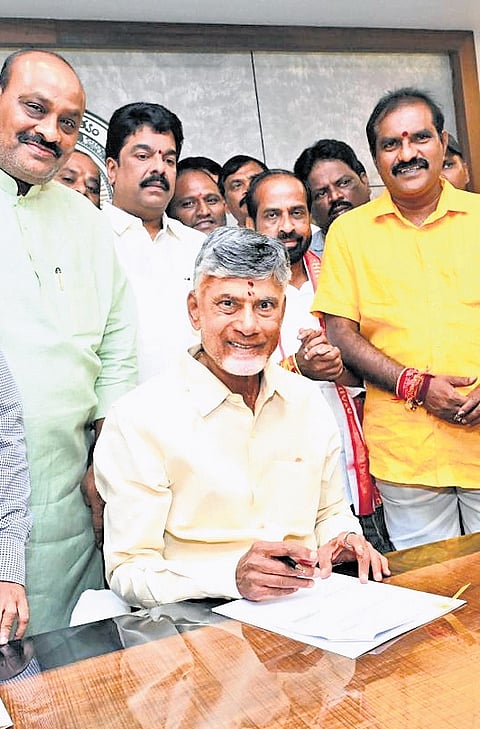 TDP supremo N Chandrababu Naidu assumed office as Chief Minister at the State Secretariat