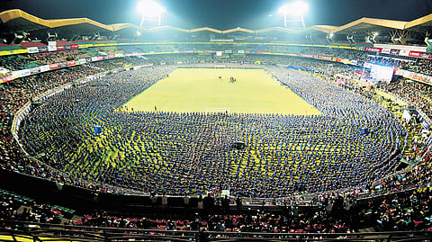 12,000 dancers, led by actor and bharatanatyam artist Divyaa Unni, perform at the JLN Stadium in Kochi on Sunday as part of Mridanga Naadam 2024. Themed ‘Kailasam’, the performance featured a specially composed song penned by lyricist Kaithapram Damodaran Namboothiri.