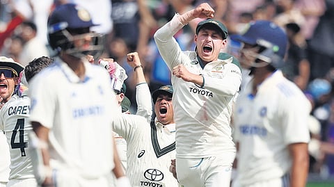 Australia team celebrates a wicket against India on Monday.