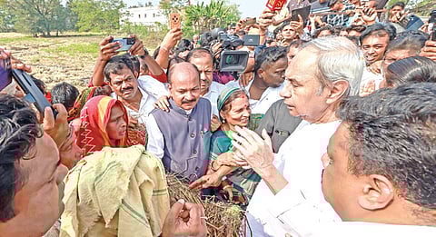 Leader of Opposition and BJD president Naveen Patnaik interacting with farmers of Ganjam district on Monday 