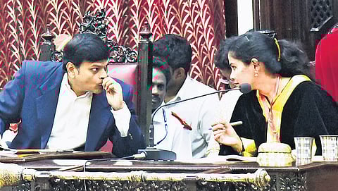 Greater Chennai Corporation Mayor R Priya and Commissioner J Kumaragurubaran at the council meeting held at Ripon building on Monday 