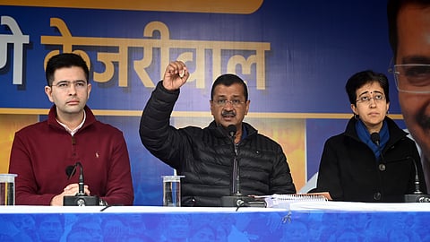 AAP national convener Arvind Kejriwal with Delhi CM Atishi and AAP MP Raghav Chadha addresses a press conference, in New Delhi on Sunday, Dec. 29, 2024.