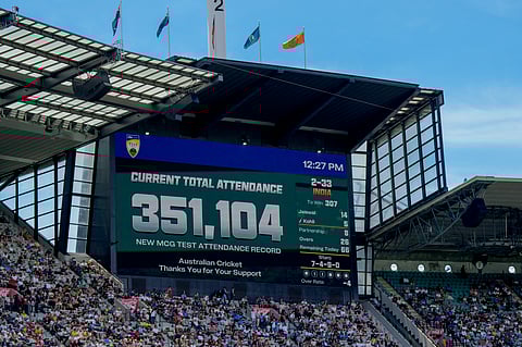 The scoreboard shows the official attendance on the last day of the fourth cricket test between Australia and India at the Melbourne Cricket Ground.
