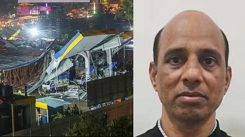 A damaged petrol pump after a huge iron hoarding collapsed on it due to strong winds and heavy rain, at Ghatkopar in Mumbai.