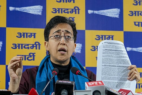 Delhi Chief Minister Atishi during a press conference, in New Delhi, Wednesday, Jan. 1, 2025. 