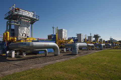 This photograph taken on May 21, 2014, shows a view of pipelines at the Bilche-Volytsko-Uherske underground gas storage facility, the largest in Europe, not far from the village of Bilche village, in the Lviv region of western Ukraine.