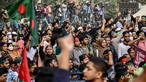 Students and supporters shout slogans during the 'March for Unity' program organised by the Anti-Discrimination Student Movement at the Shaheed Minar in Dhaka.