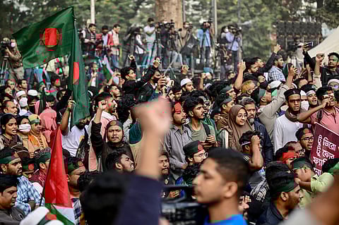 University students shout slogans during a protest to demand justice for the victims killed in the recent countrywide deadly clashes and ask for their campuses to be opened, in Dhaka, Bangladesh, Wednesday, July 31, 2024.