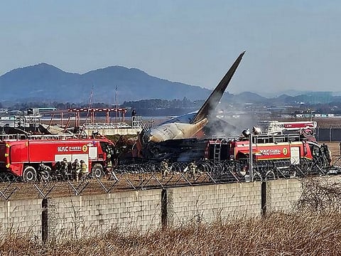 FILE - Rescue team members work at the site of a plane crash at Muan International Airport in Muan, South Korea on Dec. 31, 2024.