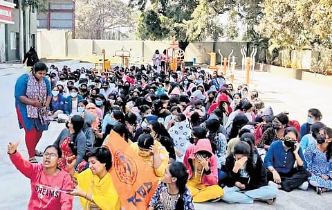 Students of CMR Engineering College, Medchal, stage a protest against the management and hostel warden on Thursday