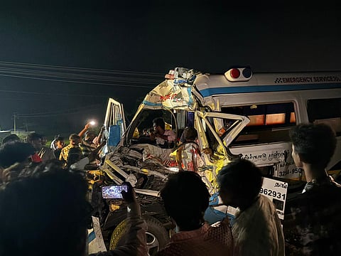 An ambulance collided with the rear of a wood-loaded lorry at Valantharavai on Tuesday.