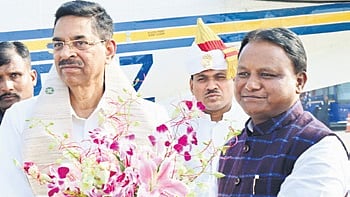 CM Mohan Charan Majhi welcomes new Governor Hari Babu Kambhampati at the airport in Bhubaneswar on Thursday