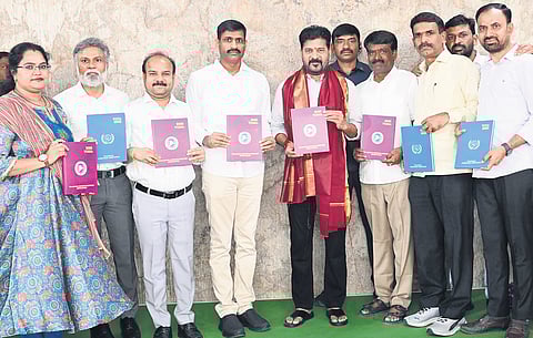 Chief Minister A Revanth Reddy unveils the 2025 diary of Telangana Tahsildars Association and Telangana Revenue Services Association on Thursday
