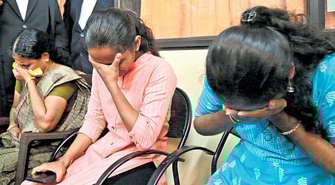 Sarath Lal’s mother Latha, sister Amritha and Kripesh’s sister Krishnapriya weep at the CBI court in Kochi on Friday